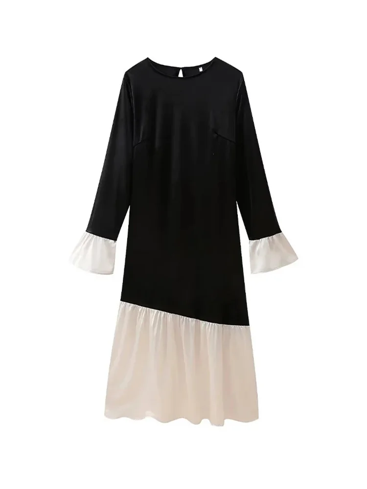 

HH TRAF Spring Elegant Long Dresses for Woman Fashion Round Neck Spliced Long Sleeves Pleated Midi Dresses Female Mermaid Dress