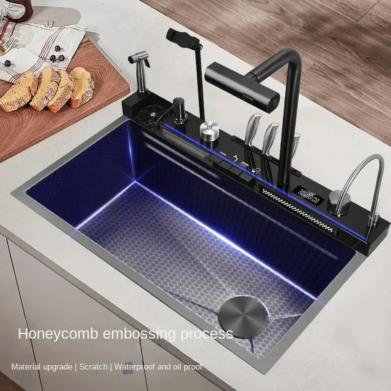 Kitchen 304 Stainless Steel Waterfall Sink Digital Display Embossed Washing Basin Household washing Sink,kitchen accessories,kitchen sink