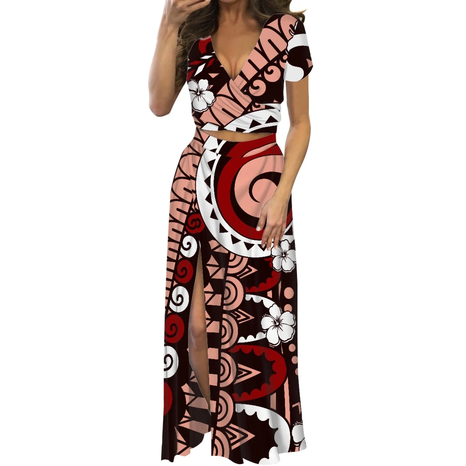 

Hawaii Sexy Dress Marshall Beach 2 Piece Sets Outfit Short Sleeve Summer Low-Cut Maxi Dress Sets Two-Piece Split Dress