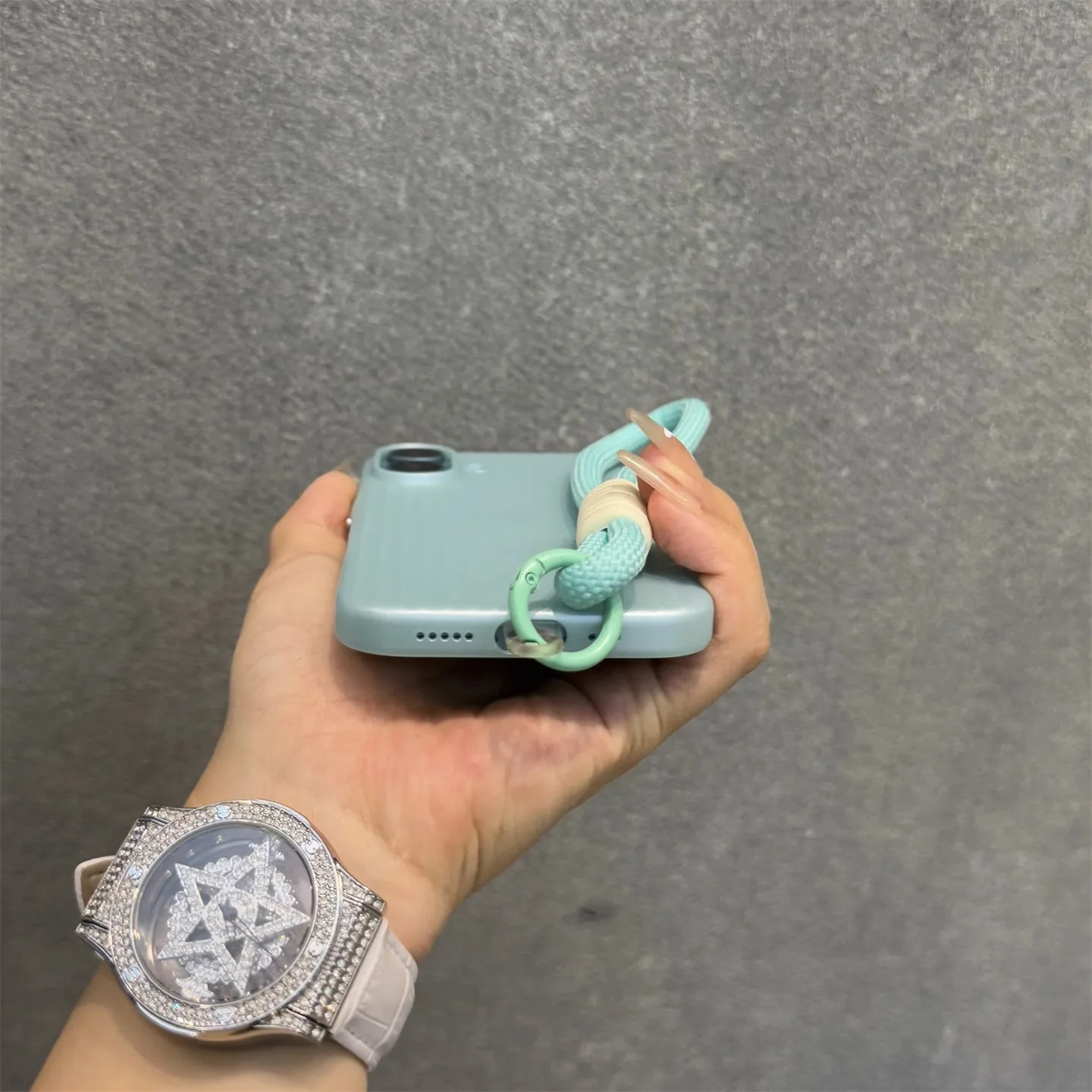 Luxury Titanium Gray Lanyard Phone Case with Metal Buttons and Grating Design