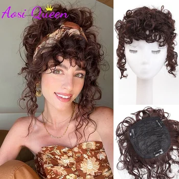Topper per capelli ondulati castani da 10 pollici per donne con capelli diradati, topper sintetico con frangia, per aggiungere volume ai capelli in modo naturale.