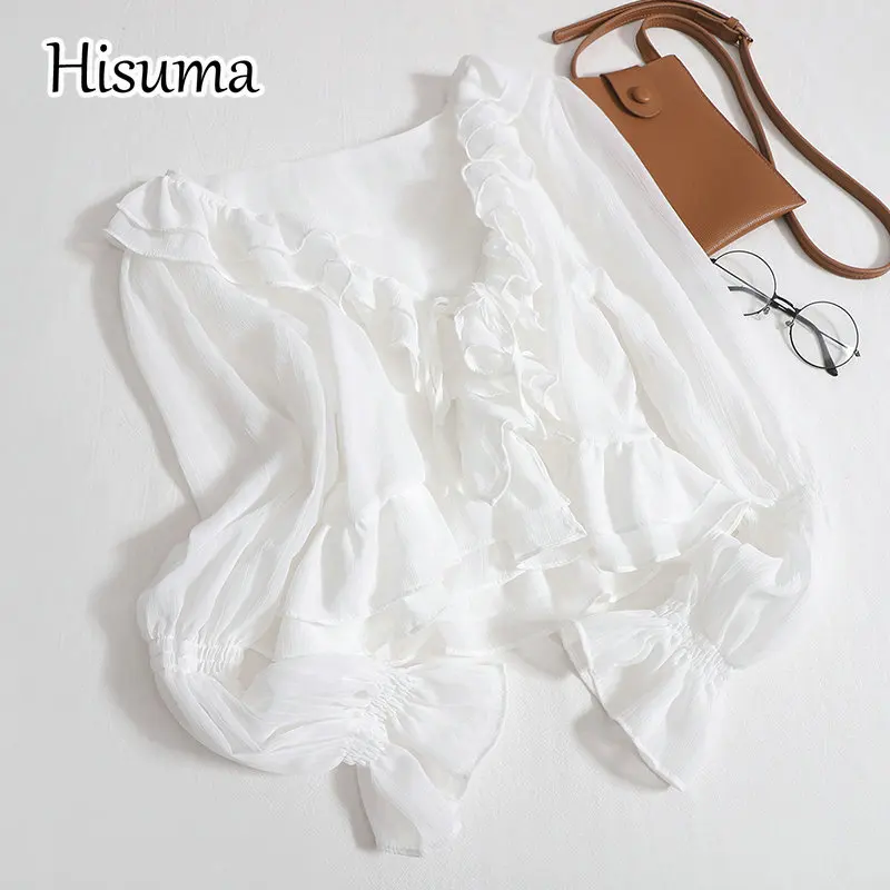 

Женская шифоновая блуза с V-образным вырезом и расклешенными рукавами