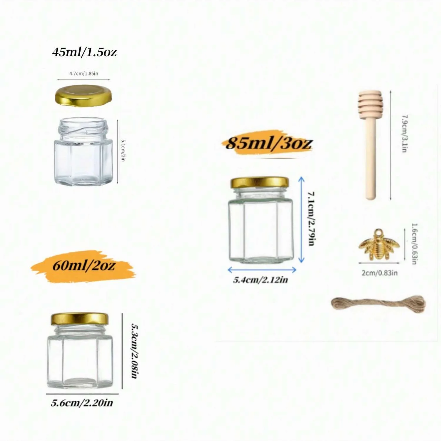 1.5/2/3 oz Hexagonal Mini Glass Honey Jar with Wooden Spoon Bee Pendant Jutes for Party Wedding Gifts