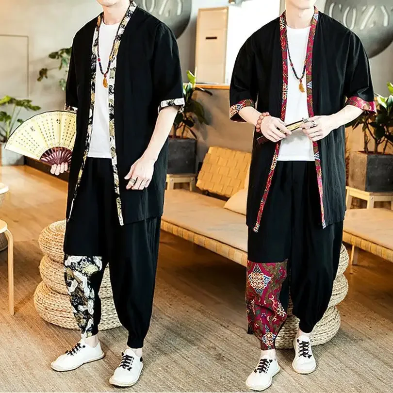 Vintage Chinese Men Summer Thin Kimono Shirt&Pants 2PCS Cardigan Tang Suit Retro Japanese Kimono Robe Casual Suit Clothing Sets chinese traditional costume,chinese men hanfu top