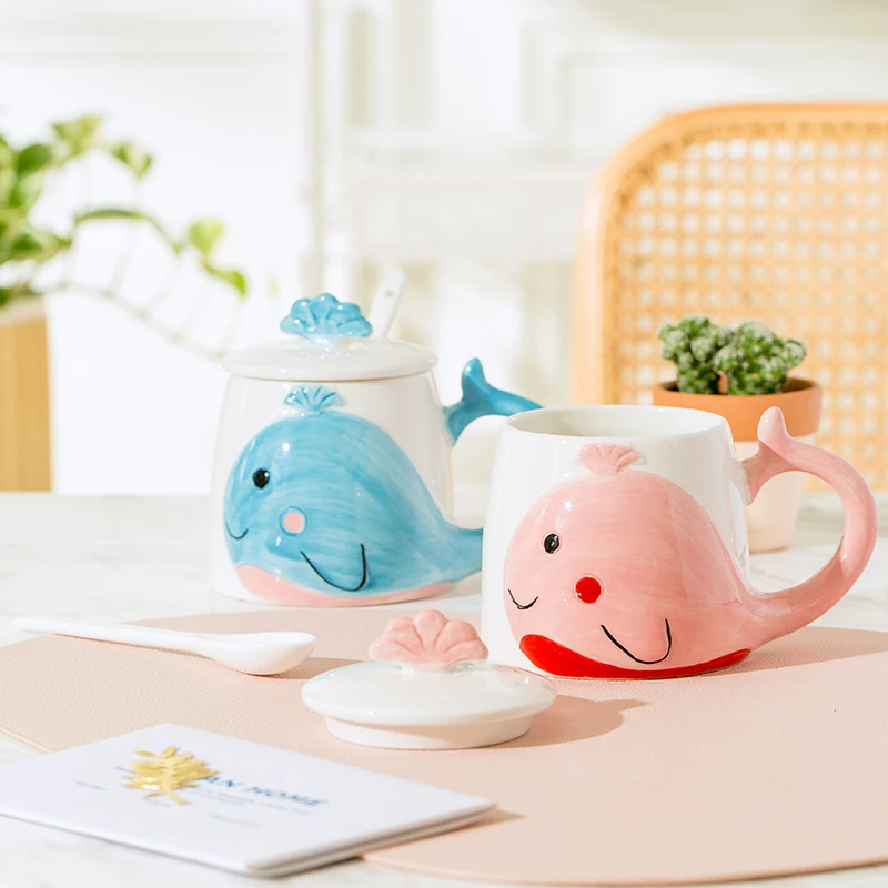 Chinese Style Ceramic Cute Whale Pattern Tea Mugs, Home Personal Office Creative With Cover, Milk Water Coffee Cup, 400 ml , 1Pc