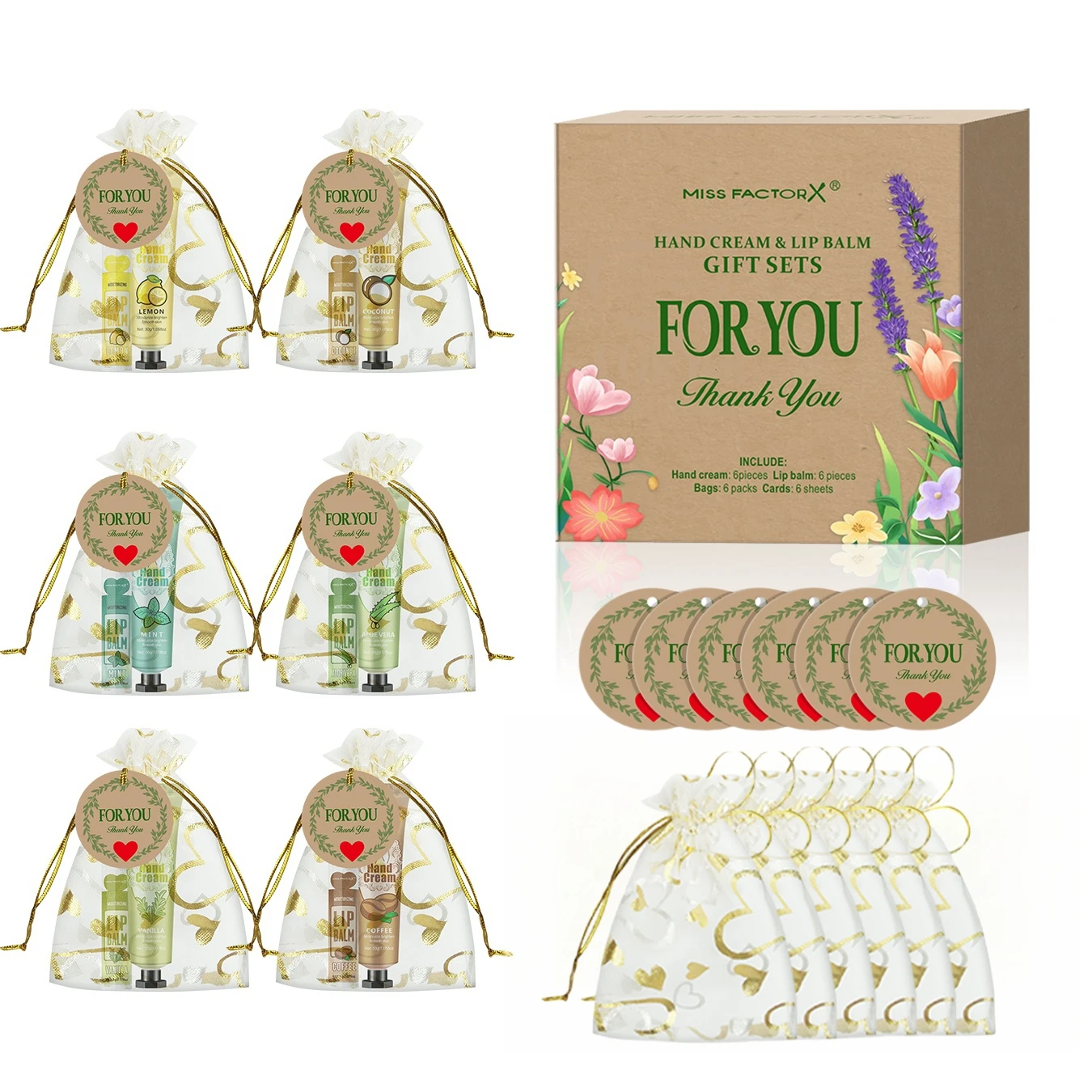 Elegant Wedding Companion Gift Box: Hand Cream & Lip Balm Set with Love Thank You Card & Gauze Bag - Perfect Party Favor