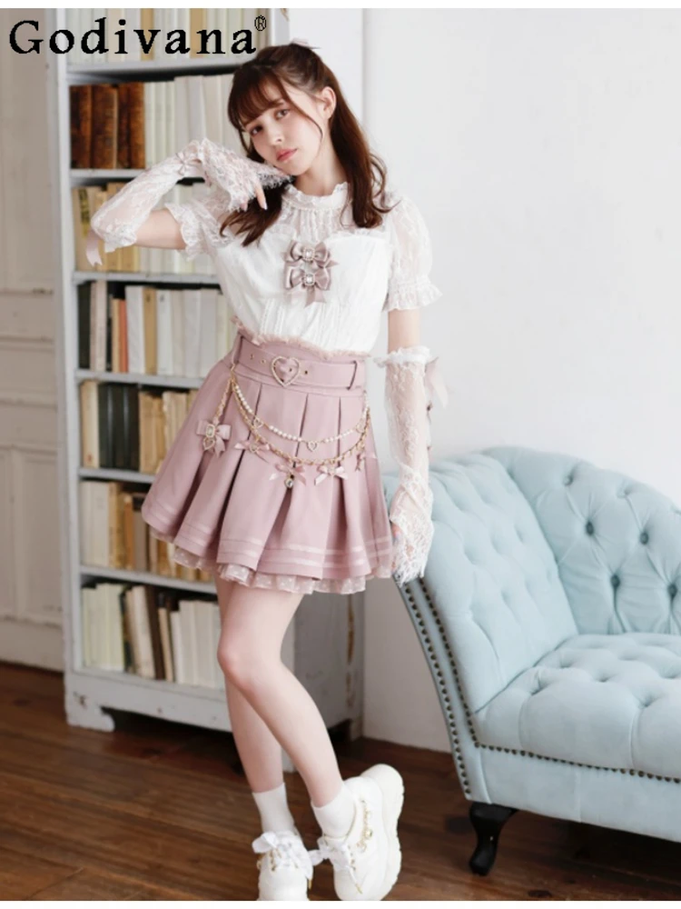 Japanese Sweet Solid Color Rhinestones Chain Cross Strap Sneaker Spring Autumn Sweet Cute Round Toe Thick Bottom Female Sneakers