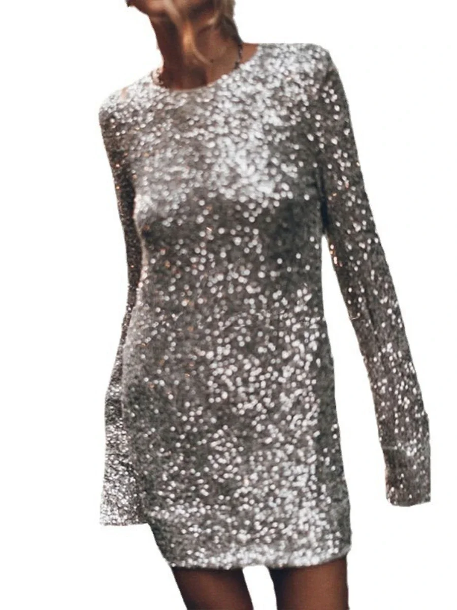 Bornladies New Autumn Sequined Long Sleeved Dress Fashionable Ladies Round Neck Slim Fit Short Skirt Dinner Women's Chic Dresses