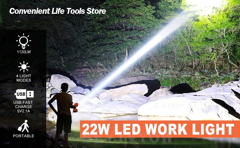 1120LM Cordless LED Flashlight for Black and Decker 20v Battery LED Work Light w