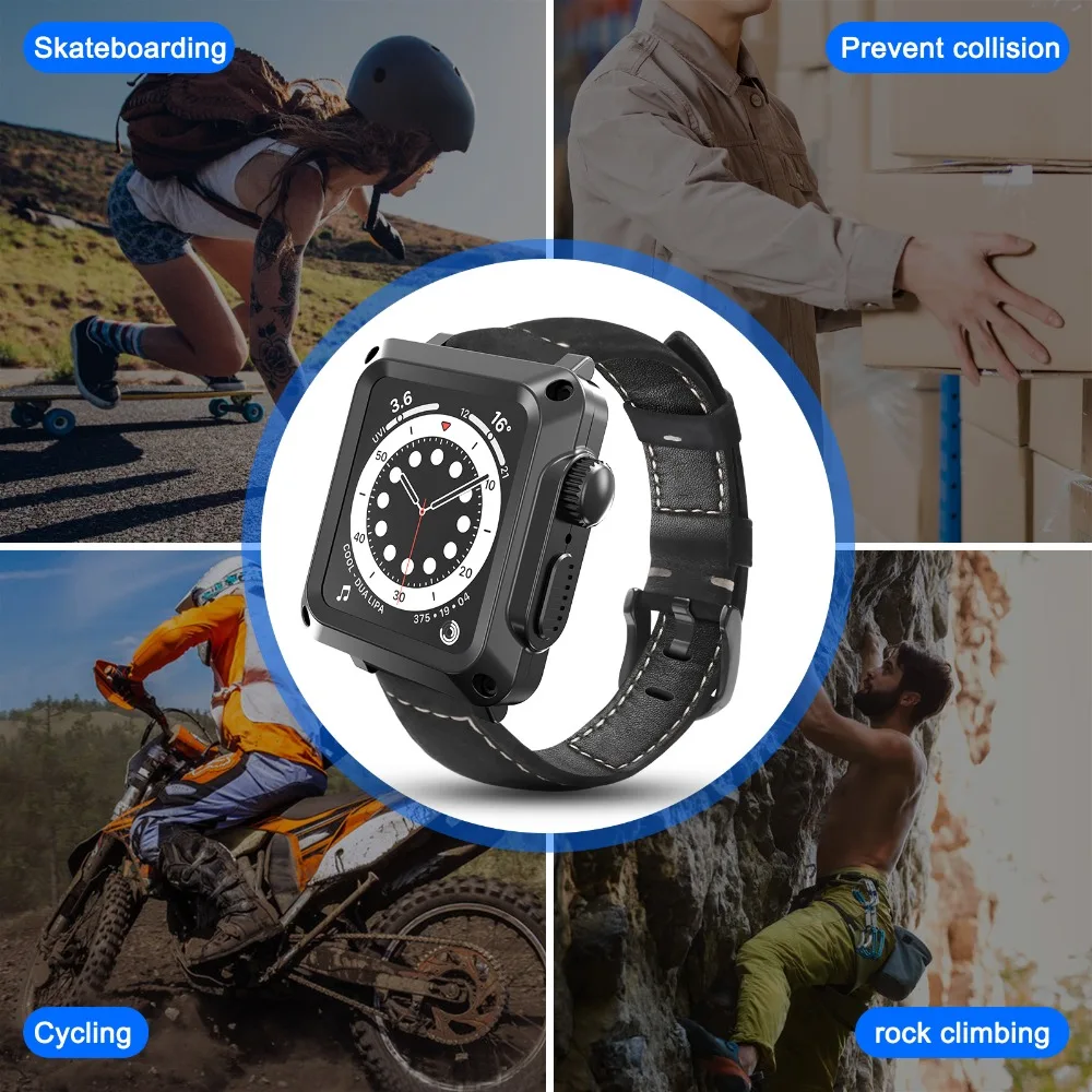 Leather Strap+Case For Apple Watch 6 5 4 SE 44mm 40mm Metal stainless steel protective glass case For iWatch 3 42mm 38mm Correa