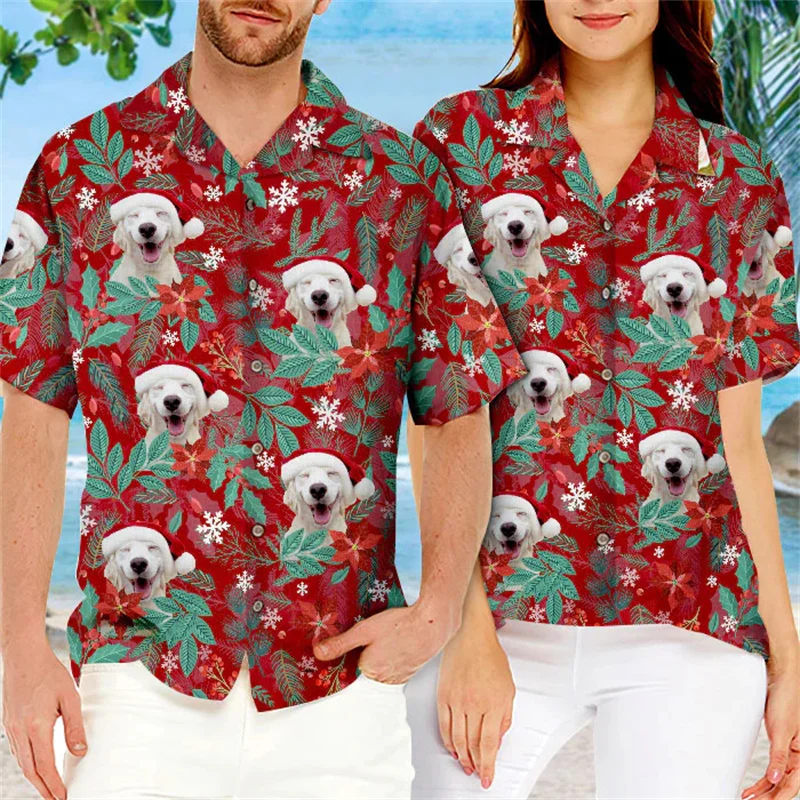Camisa hawaiana con estampado de bastón de caramelo y pan de jengibre para hombre, camisa fresca de verano para mujer y niño, camisetas de manga corta con cara de perro, regalo de vacaciones