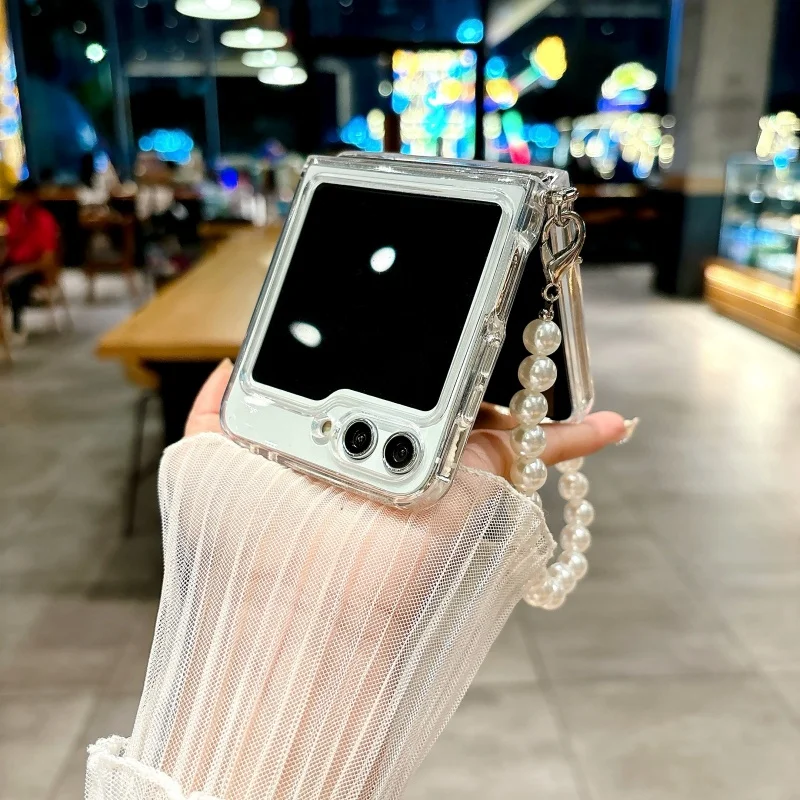Transparent TPU Foldable Phone Case with Pearl Bracelet and Side Buckle