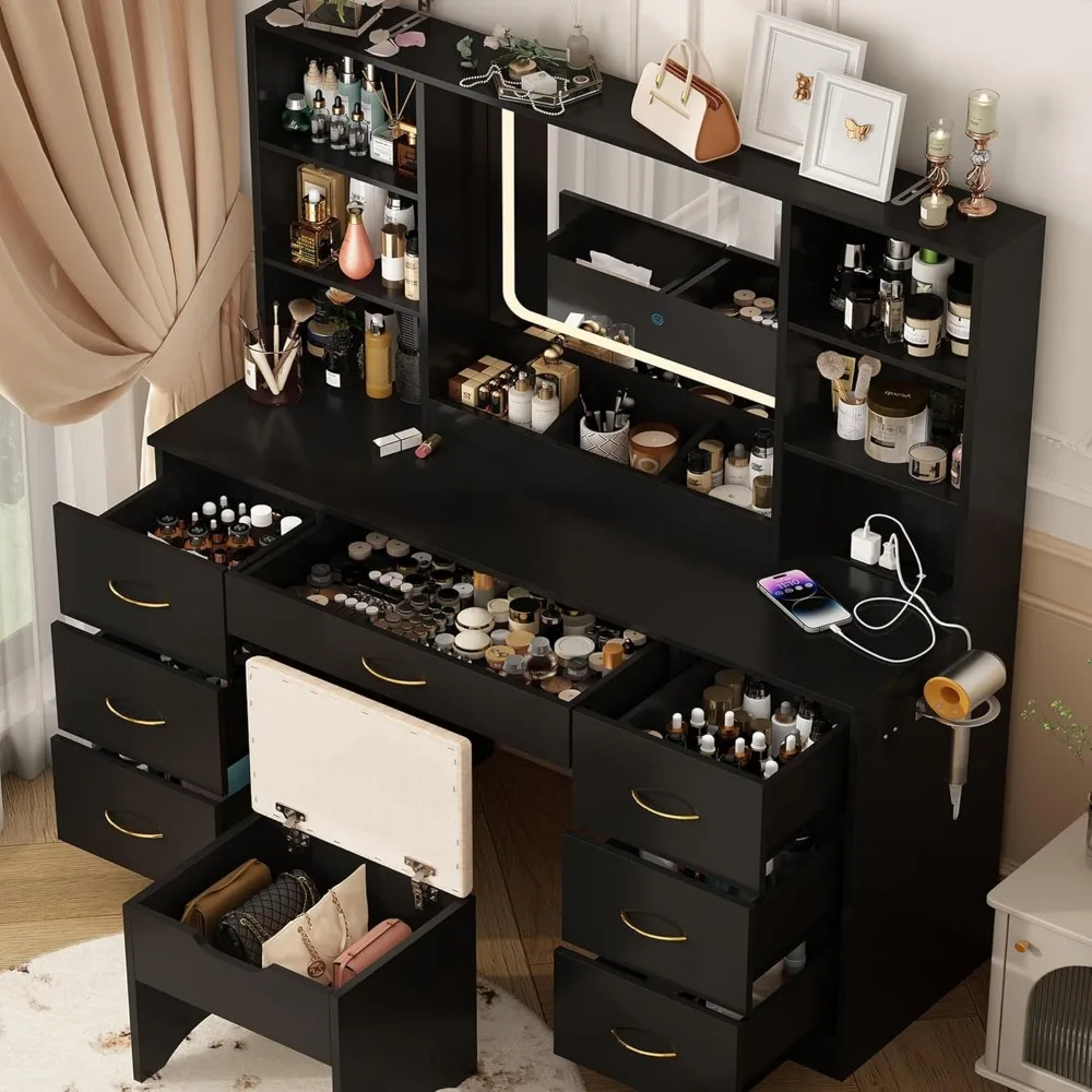 47" Large Vanity Desk with Mirror and Lights, LED Black Vanity Set with Stool and Power Outlet, Lighted Make up Vanity Desk with