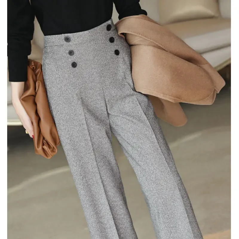 New Woolen Pants Women's Herringbone Pattern Loose Wide-Leg Pants High Waist Slimming Thick Trousers Korean Casual Pants