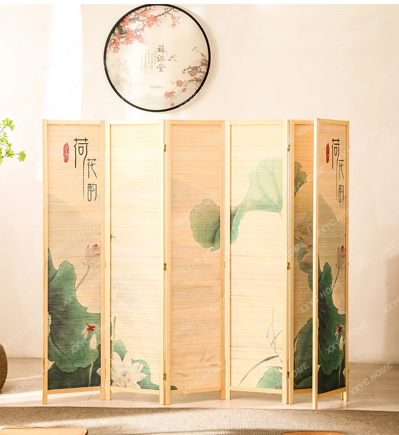 

Lotus Solid Wood Bamboo Screen Folding Mobile Office Tea Room Partition Living Room Entrance Block Wall