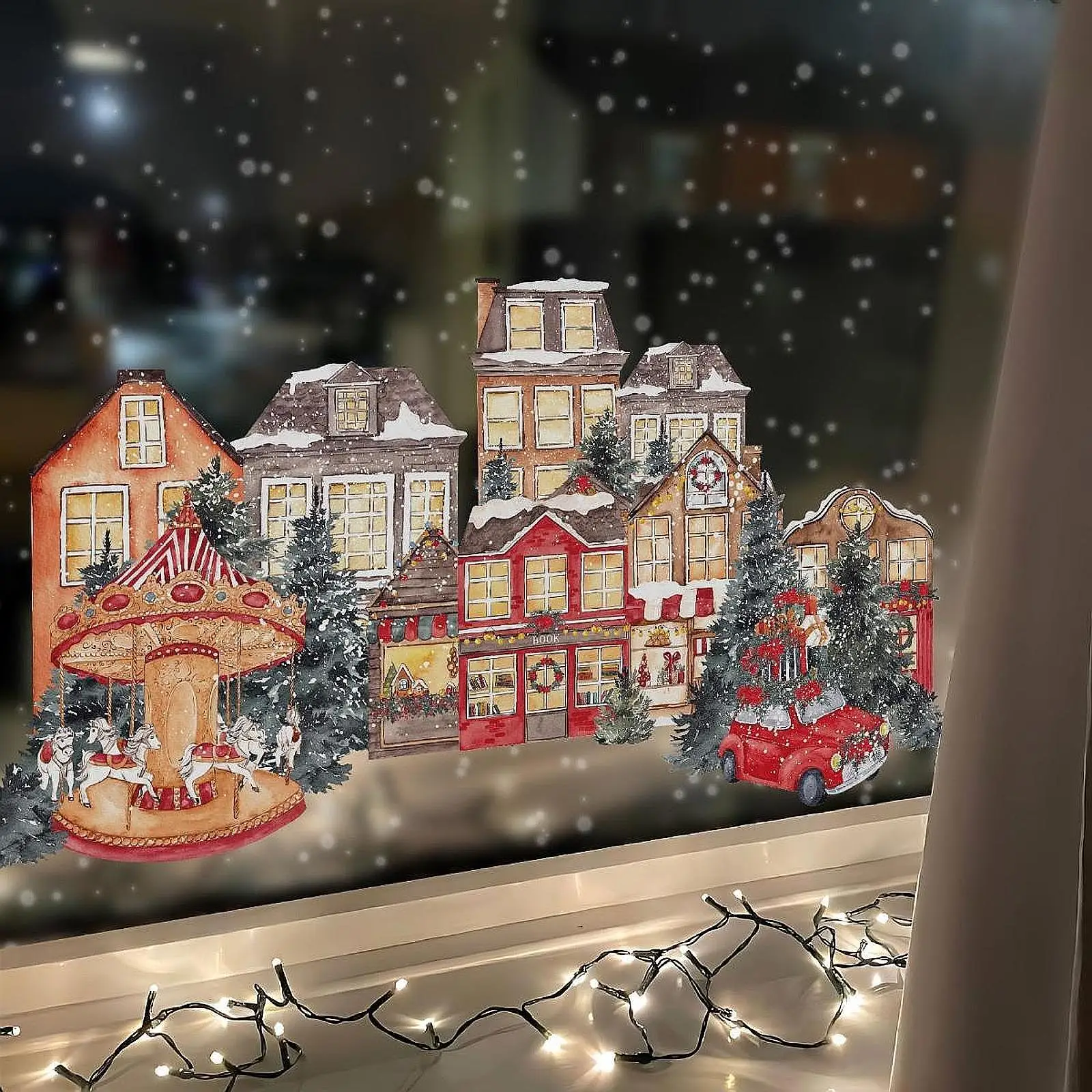 Glass Sticker Decal Christmas Amusement Park Window Cling Privacy Film Static Cling for Cafe New Year Bedroom Xmas Housewarming