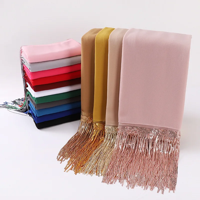 

New Sequins Tassel Scarf Arab Muslim Plain Chiffon Hijab Wrap Islamic Shawls Malaysia Long Fringes Headband Women Headwear