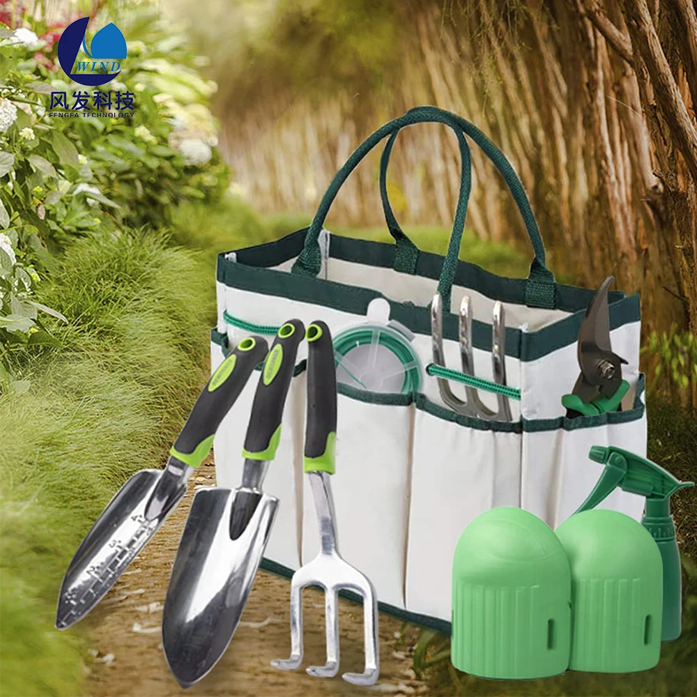 11-Piece Garden Tools Set Gardening Heavy Duty Stainless Steel Supplies Hand Wooden Handle Storage Tote Bag Tool Kit Holder