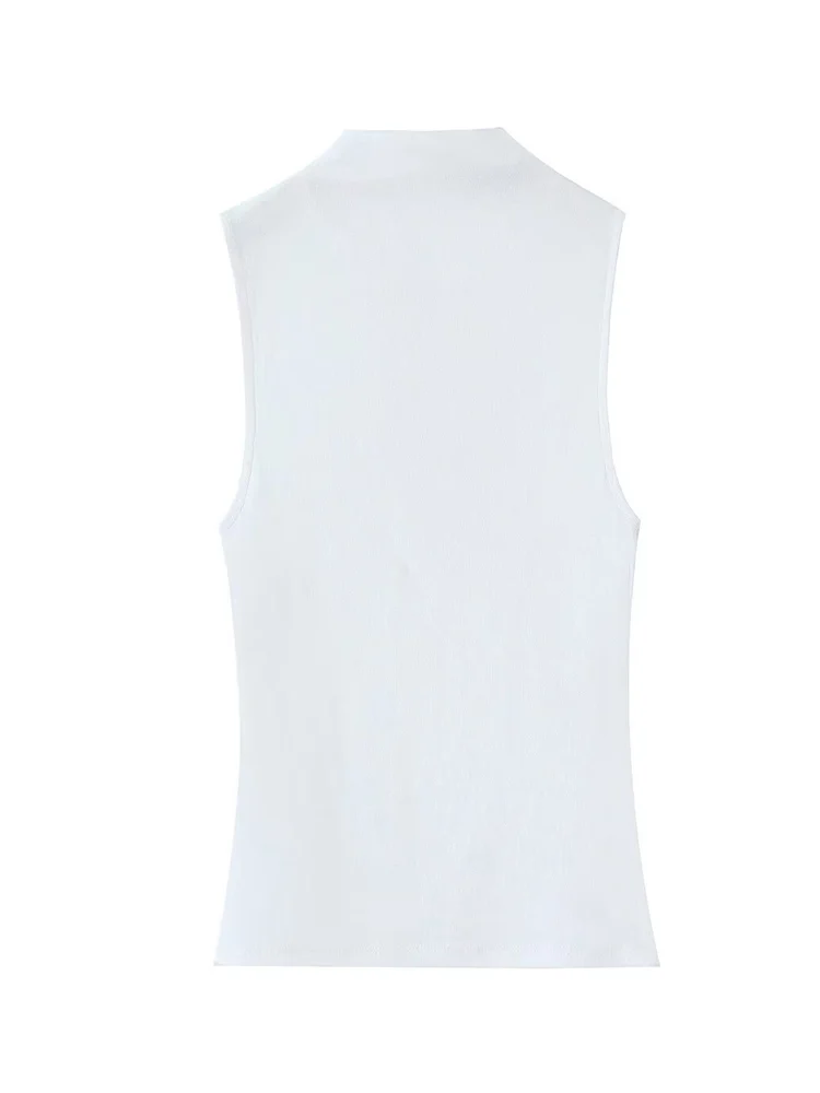 Women Solid Stand Neck Tank Top 2025 New Casual Fashion Basic Style Elastic Sleeveless Crop Tops Elegant Ladies Slim T-Shirt