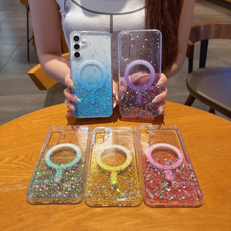 Glitter Star Transparent Magnetic Case with Magsafe Wireless Charging Compatible Soft Cover
