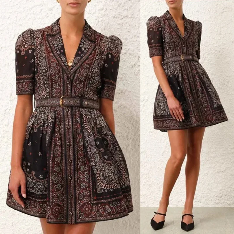 

Женское однобортное мини-платье, Элегантное летнее платье с коротким рукавом и отложным воротником, модные винтажные платья с V-образным вырезом