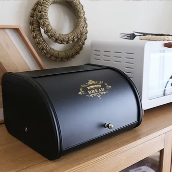 กล่องขนมปังโลหะ ถังขนมปังสีดํา กล่องเก็บขนมปัง ภาชนะเก็บอาหารสําหรับห้องครัว ภาชนะบรรจุอาหารในครัวเรือนขนาดใหญ่ 1