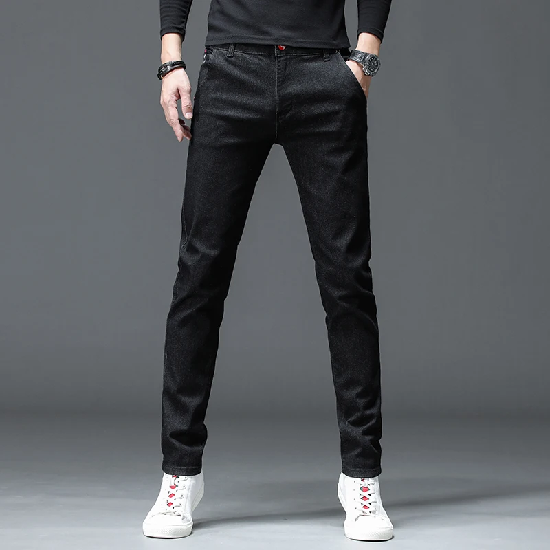 Men Jeans Solid Color Cotton Black Dark Gray Classic Slim Stretch Casual Korean Fashion Youth Male Denim Trousers