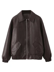 Women's Retro Loose Faux Leather Jacket - Vintage Streetwear Zipper Coat - XS (Coffee)