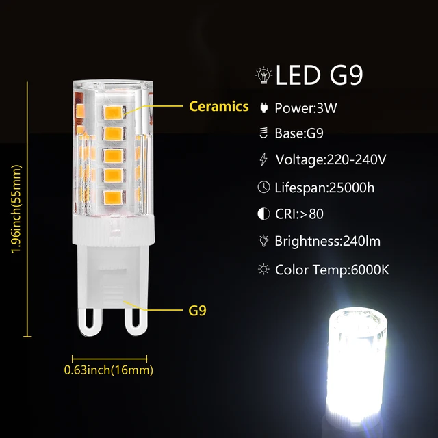 Brightest G9 LED Lamp AC 220V 3W Ceramic SMD2835 LED Bulb 360 Beam