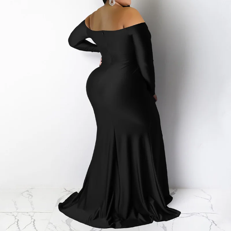 Evening Party Sexy Off Shoulder Solid Color Long Sleeve Deep V-Neck Split Fork High Waist Zipper Plus Size Maxi Dress for Women