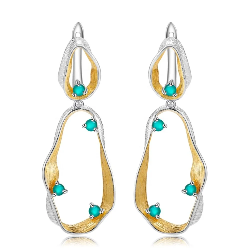 

C7870 Abiding natural green agate piercing gemstone women gold plated jewelry 925 sterling silver earring