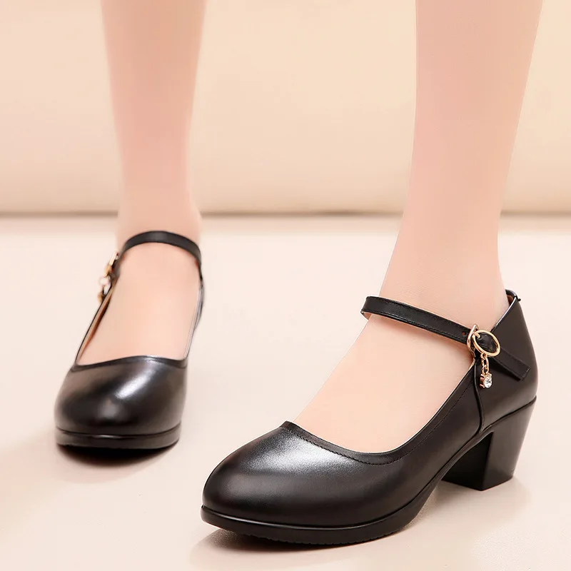 

6cm Fashion Small Size 33-43 Shallow Genuine Leather Shoes Mary Janes Fall 2023 Block Med Heels Platform Pumps for Ofifce Mom