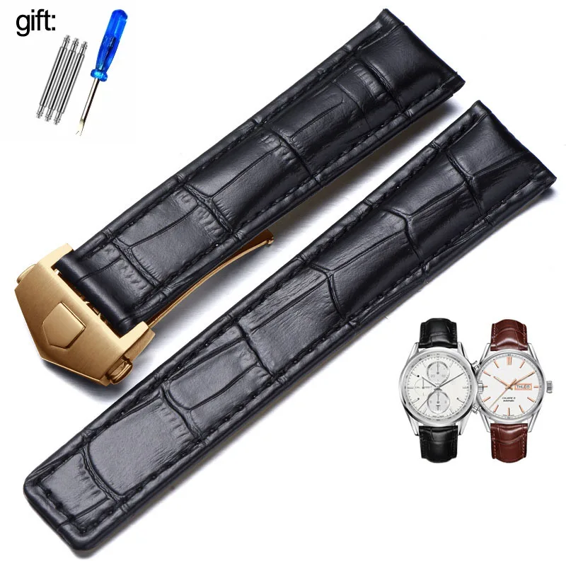 Elegant Genuine Leather Watch Strap - Black/Brown, 19mm-22mm