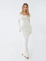 Women's Autumn Winter Knitted Bodycon Dress Long Sleeve Tie Backless Round Neck Solid Color Ruffle Trim Long Dress Beachwear - Image 3