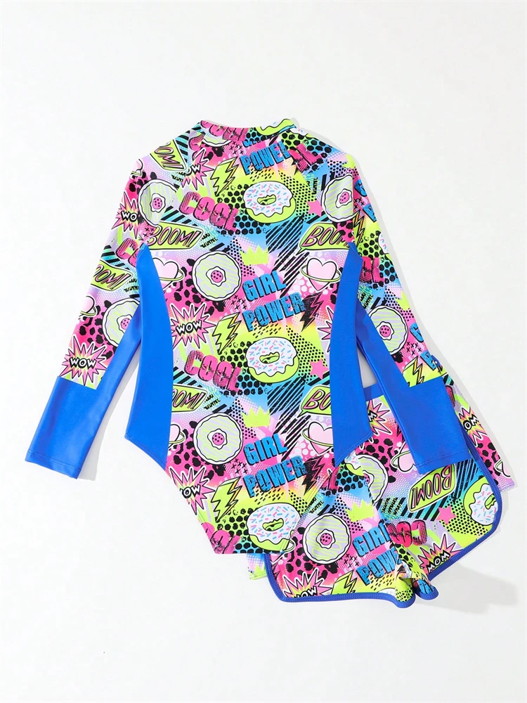 Two Piece Swimsuit Girls Kids Print Long Sleeve Zipper Children Swimwear Summer Bodysuit Shorts Bathing Suits Swimming