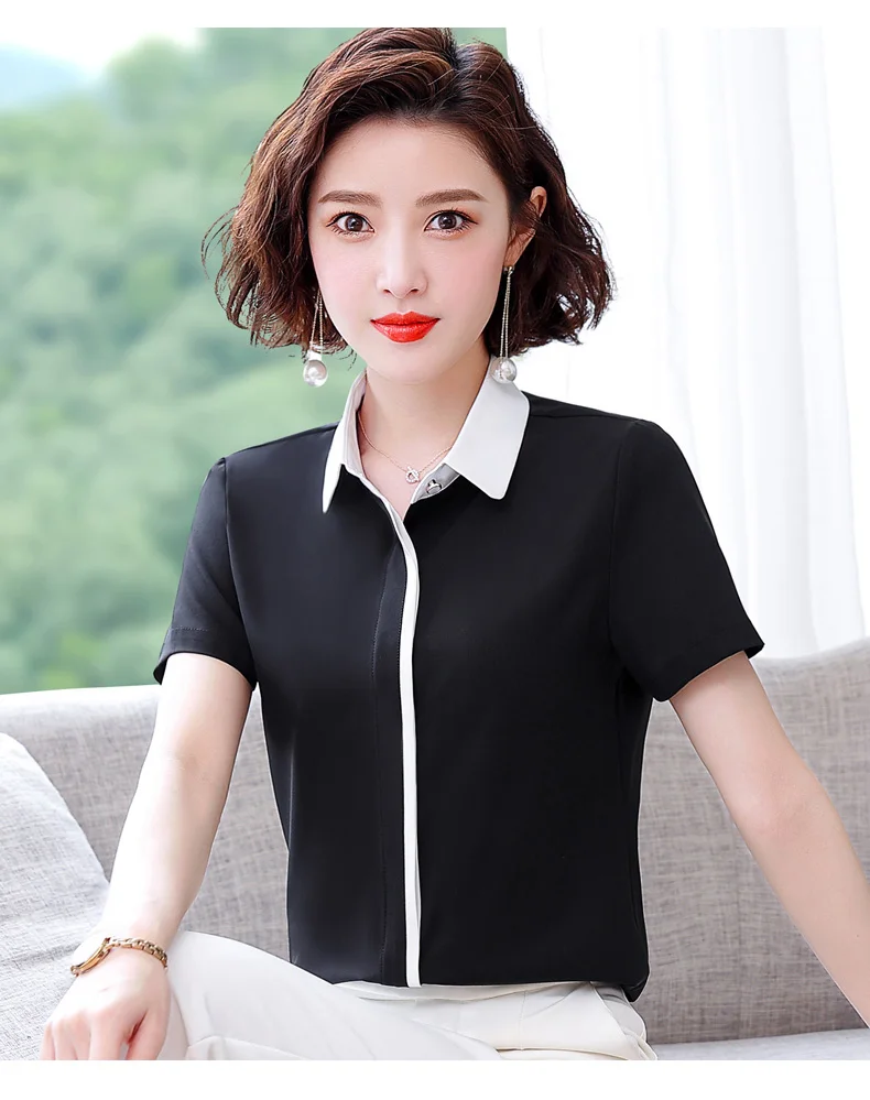 Summer New Women'S Short Sleeved Patchwork Temperament Chiffon Shirt Korean Fashionable Versatile Lapel Professional Top Female