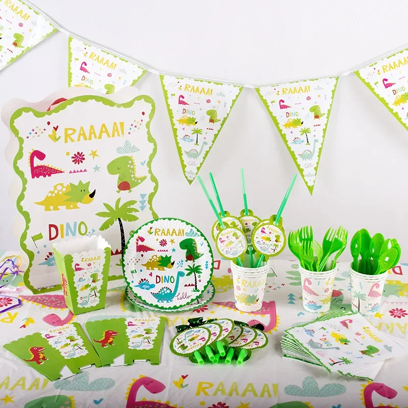 

Cartoon Little Green Dinosaur Birthday Party Decoration Disposable Tableware Paper Flag Sticker Baby Shower Party Supplies