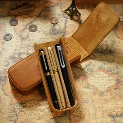 AIGUONIU Genuine Leather 3 Slots Pen Case With Removable Pen Tray Holder Pencil Case Office School Supplies Pouch Creative Gift