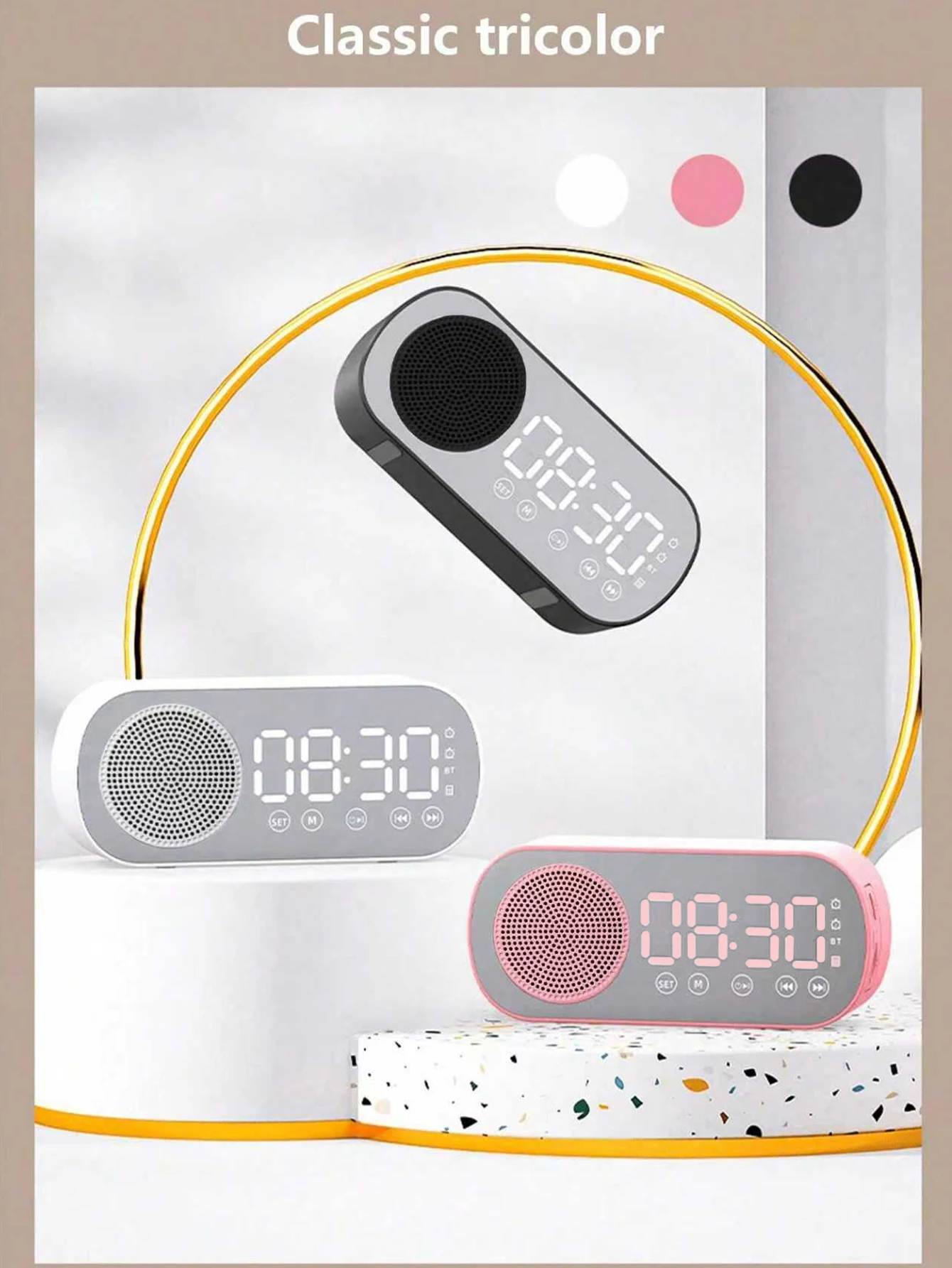 Mirror-Faced Smart Alarm Clock with Bluetooth and FM Radio – Bass-Heavy Compact Speaker