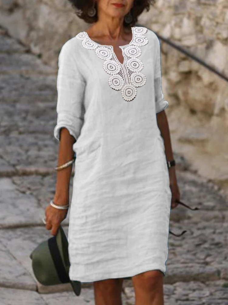 

Vintage Summer Cotton Linen Dress Women Clothing Elegant V Neck Half Sleeve Chic Tunicas Fashion Midi White Dresses Vestido