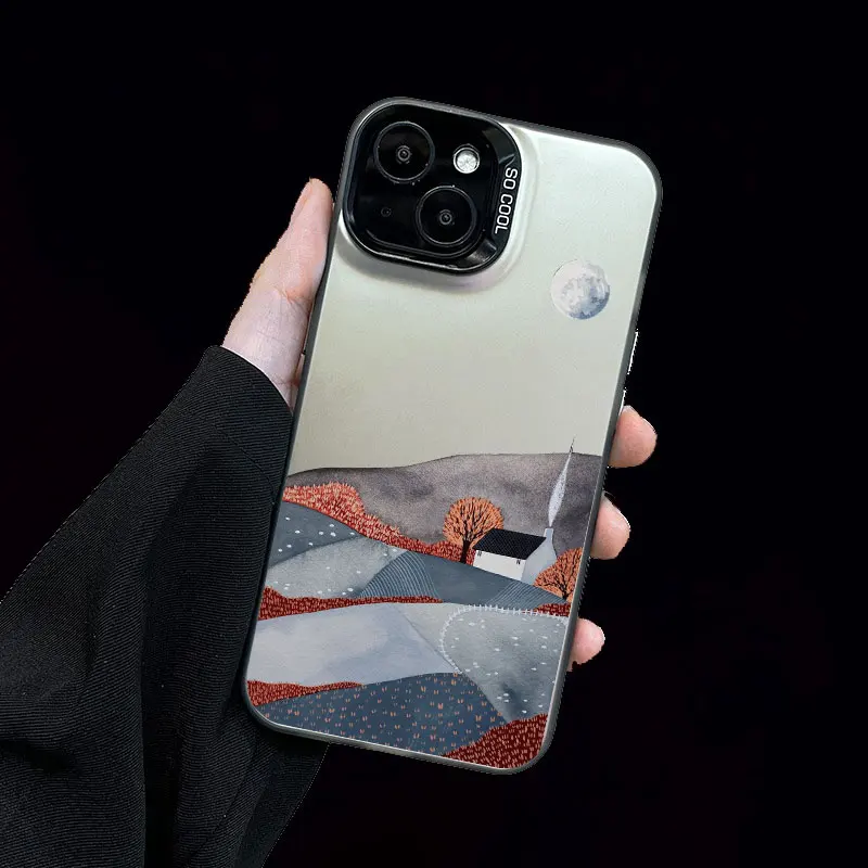 Mountain Landscape Cottage Minimalist Style Painting Phone Case For IPhone 16 15 Plus 16 15 14 13 12 11 Pro Max Mini Laser Cover – Detail 1
