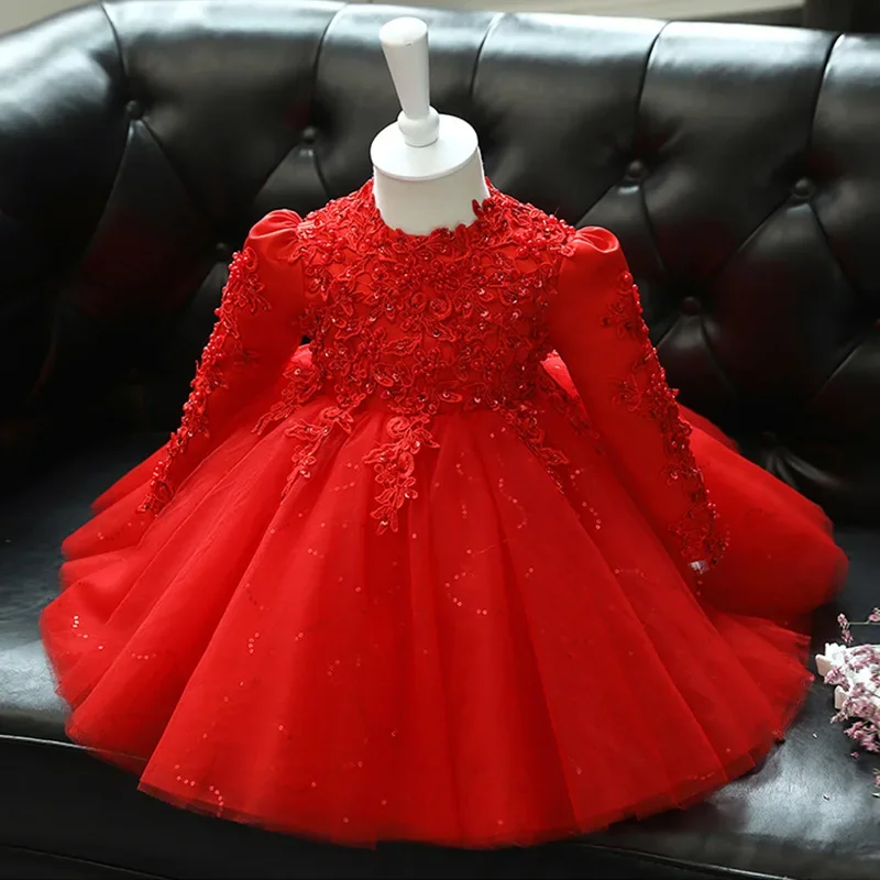 

Red Toddler Girl Wedding Dress Long Sleeve Newborn Girls Christmas Princess Gown Beads Lace Infant Kid's 1 Year Birthday Baptism