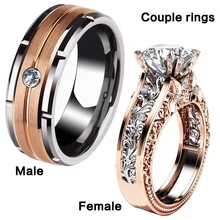 1pcs Luxury Women Ring Metal Hollow Carving Pattern Rose Gold Color Zircon Crystal Couple Ring Bridal Engagement Wedding Jewelry