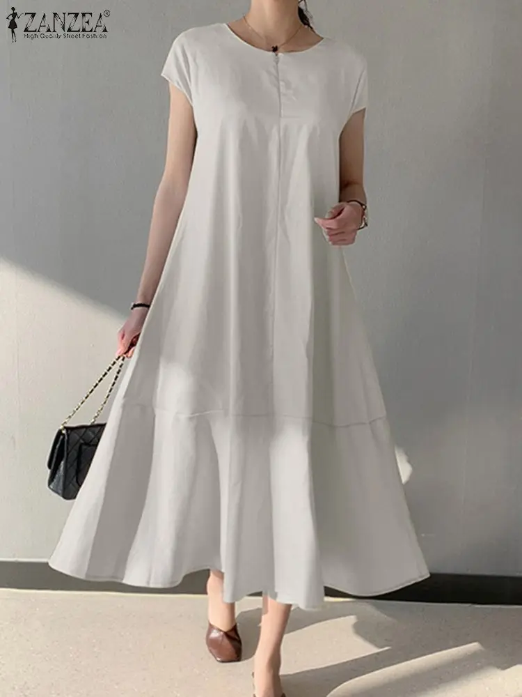 

ZANZEA Women Holiday Solid Dress Fashion Korean Short Sleeve Robe 2024 Summer O-neck Maxi Sundress Casual Loose Patchwork Dress
