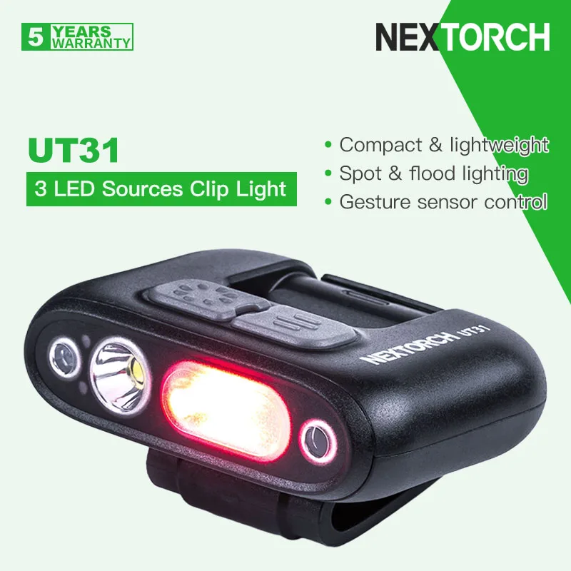 Nextorch Ut31 Clip Light Per Sicurezza/Avvertimento, Bianco/Blu/Rosso 3 Sorgenti Luminose, Tipo-C Ricaricabile, Spot & Flood Dual Angles