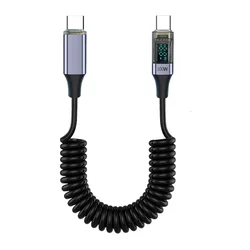 Coiled Retractable USB C Charger Cable with LED Display, 5A Fast Charging Cord - 1.5m (Display Str C - C)