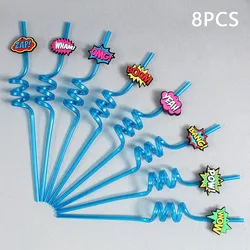 Set of 8 Reusable Spiral Straws with Decorative Lids - Perfect for Birthdays and Themed Celebrations (Dark blue)
