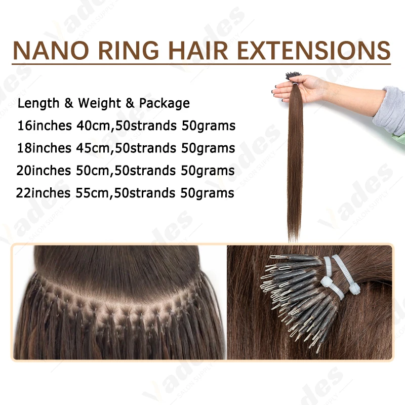 50G Nano Bead Ring Human Hair Extension Pre Bonded Nano Tip Remy Hair Extensions Micro Beads Rings Loop Hand Tied Hairpiece