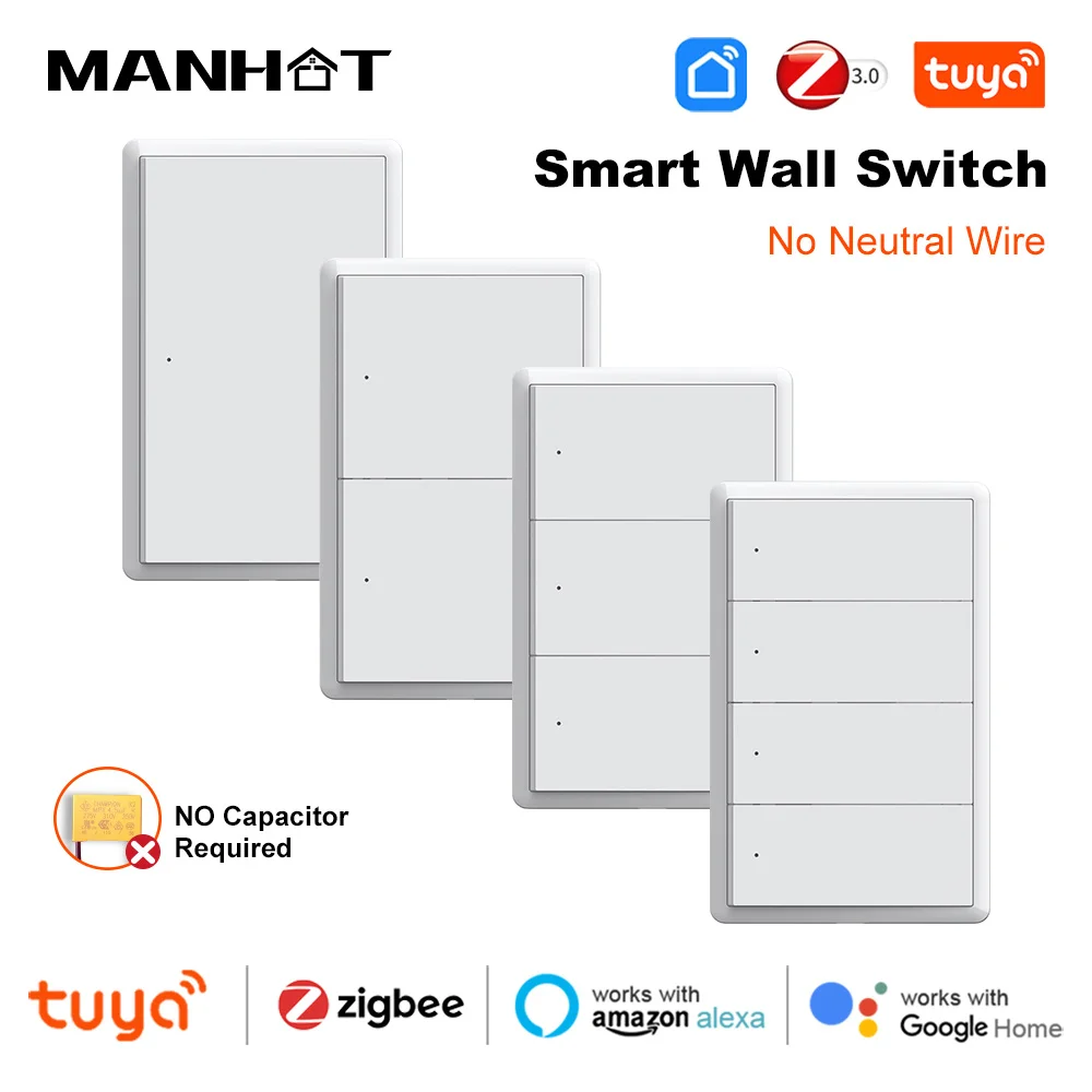 Tuya Zigbee สวิตช์ไฟอัจฉริยะไม่มีตัวเก็บประจุไม่จําเป็นต้องเป็นกลาง US Push ปุ่มสวิทช์ควบคุมเสียงทํางานร่วมกับ Alexa Google Home 1