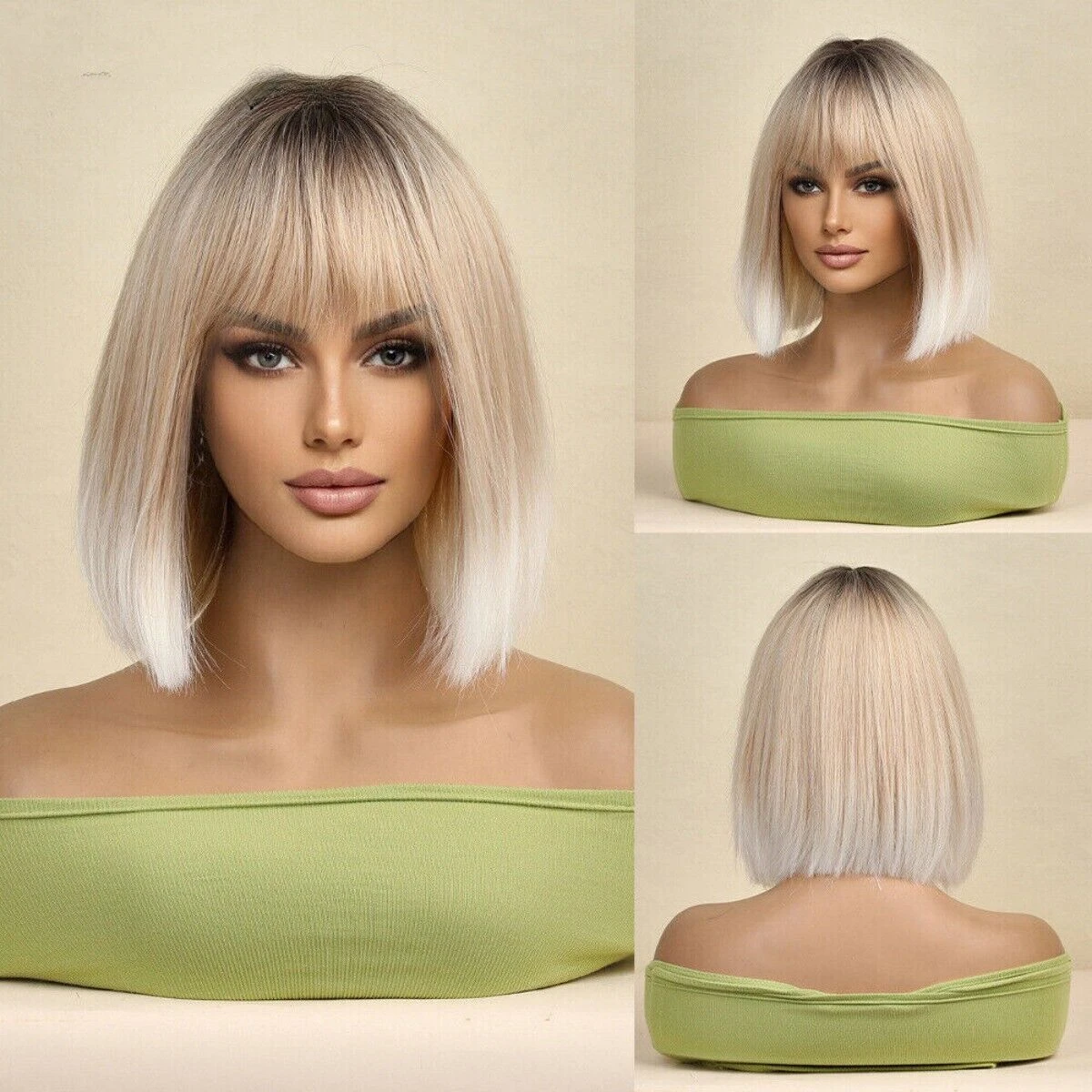 

Bob Short Straight Ombre Platinum Blonde with bangs Synthetic Wigs